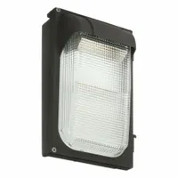 This LED full-size wall pack delivers 134 lumens at 5000K with Type III distribution, consuming 22 W. It operates on 120 to 277V AC and has a 12 in overall height with a bronze finish. Suitable for outdoor area lighting such as building perimeters, entrances, and parking areas