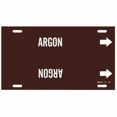 Pipe marker for identifying argon gas lines. Brown background with white legend text and directional arrows. Fits pipe outer diameters from 8 to 9-7/8 inches. Supplied as a single marker.