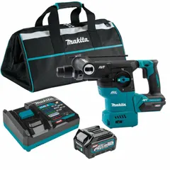 This cordless rotary hammer kit features an SDS-Plus bit system with hammer-and-rotate mode, delivering an impact rate of 0 to 4,500 bpm. It includes a 4.0 Ah battery and Rapid Optimum Charger. Suitable for drilling and chiseling in concrete, masonry, and stone for anchoring, demolition, and renovation tasks.