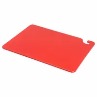 Red co-polymer cutting board measuring 20 inches overall length by 15 inches overall width. NSF Certified for sanitation compliance. Suitable for food preparation in commercial kitchens, delis, and catering operations where color-coded boards help designate use for raw meat to reduce cross-contamination