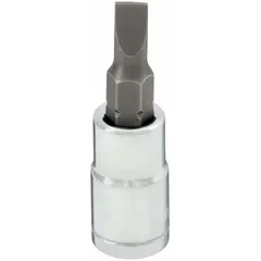 This slotted bit socket features a 1/4 in drive size and a 1/4 in slotted tip for driving SAE slotted screws. With a 1-1/2 in overall length, it is suitable for use with standard ratchets and drivers in assembly and maintenance tasks.