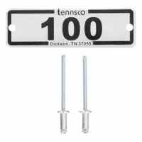 Set of 25 aluminum number plates, each measuring 2 3/8 in x 3/4 in, covering numbers 76 to 100. White paper label with clear plastic cover, powder coated finish. Used for labeling lockers, bins, or shelves in industrial, educational, or commercial settings