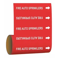 Red adhesive pipe marker with white legend reading 'Fire Auto Sprinklers' and directional arrows. Fits pipe outer diameters from 2-1/2 to 6 inches. Supplied as a roll of 30 markers. Used to identify fire auto sprinkler piping in commercial and industrial facilities.