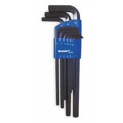 L-shaped hex key set with black oxide finish. Includes 9 pieces of metric standard and long arm keys. Comes with an organizer for storage. Used for tightening or loosening hex socket screws and bolts in mechanical assembly and maintenance tasks.