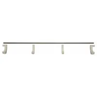 This shelf rail kit from the Elevation series includes a 24-inch long, 2-inch high front rail in Soft Gray and two casters. It is designed to provide a retaining barrier on compatible shelving systems, commonly used in commercial kitchens and storage areas to help prevent items from falling off