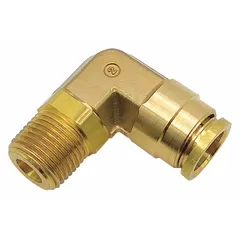 Brass push-to-connect adapter with male NPT threads. Connects 3/8 in OD tubing to 1/2 in male NPT ports. Used in pneumatic circuits and air brake systems for leak-free joints without tools.