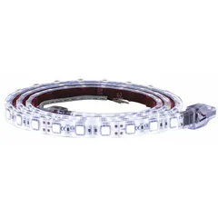 This flexible LED strip light operates on 12V DC and features a flat, clear design. With an IP67 rating, it is protected against dust and water ingress. The blunt cut wires allow for direct electrical connection. Suitable for task, accent, or under-cabinet lighting in industrial and commercial environments.