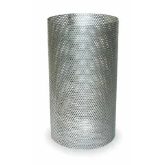 This replacement Y strainer screen is constructed from 304 stainless steel with a 0.033 in perforation size. It features a 316 tanged graphoil seal material. Used as a replacement element in Y strainers for filtering particulates from steam, water, or other process fluids in industrial piping systems.