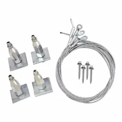 This suspension kit includes a 10 ft cable with WC3 cable size, a 45° eyelet fitting, and a strut lock for secure attachment. It comes with a 2 in wood screw. Used for suspending equipment from overhead structures in commercial and industrial settings.