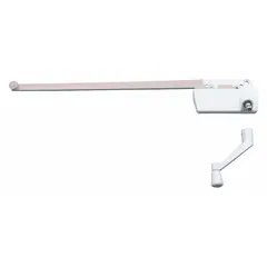 Surface-mount window operator for casement windows. Includes crank handle. Left-hand orientation. White powder-coated finish. 3-inch base length. OEM replacement part.