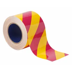 Striped pink/yellow polyester tape for marking aisles, hazards, and work zones in industrial facilities. Measures 4 in wide by 100 ft long with an 8 mil thickness. No message legend. Suitable for durable floor marking applications.