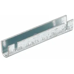 This galvanized steel cross bolt spacer is used in structural seismic bracing systems to maintain spacing and alignment of pipe and rod supports. It measures 1 5/16 in height, 5 9/16 in length, and 25/32 in width, and is designed for a 5 in pipe/rod diameter.