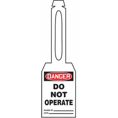 White single-part danger tags with attached strap fastener, size #7. Pack of 25. Legend is not the same on both sides. Used to mark equipment or circuits that must not be operated during maintenance or repair, supporting lockout/tagout safety procedures.