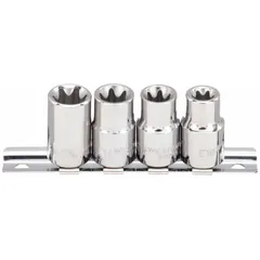 This 25-piece Torx bit socket set features a 3/8 in drive and tip sizes ranging from E-10 to E-16. The fixed insert design provides secure bit retention during use. Suitable for driving external Torx fasteners in applications such as automotive repair and machinery assembly.