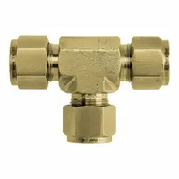 This brass compression tee fitting is used to branch or combine 3/16 in OD tubing in instrumentation, pneumatic, and hydraulic systems. Its double-ferrule design provides a reliable, leak-tight seal, suitable for high-vibration or high-pressure applications. Clean and bagged for immediate use