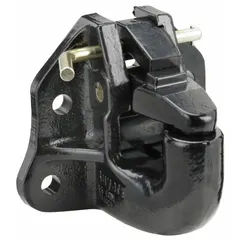This pintle hook is constructed from iron with a powder-coated finish. It has a gross trailer weight capacity of 90,000 lb. The air-compensated design helps reduce shock loads during towing. Commonly used in heavy-duty towing applications for connecting trailers to tow vehicles.