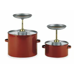 This EAGLE plunger can is constructed from powder coated steel in red. It is designed for dispensing flammable liquids in industrial maintenance and manufacturing settings. The 1/2 gallon capacity suits typical workshop use.