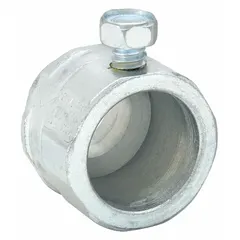 Steel connector for unthreaded RMC and IMC conduit. 1-1/4 in trade size, 1-3/4 in overall length, 2 in width. Zinc-plated finish, male NPS threads, set screw connection. Includes clamp. UL 514B listed. Used to join heavy-wall metal conduit in industrial wiring systems.