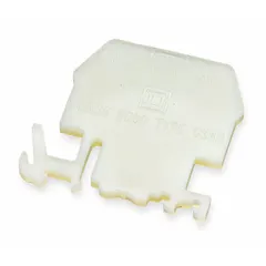 Clip-on mount end stop and clamp providing physical isolation at the end of a terminal block assembly. Compatible with SQUARE D 9080GC6 terminal blocks. Used in industrial control panels and electrical enclosures to organize wiring and prevent accidental contact.