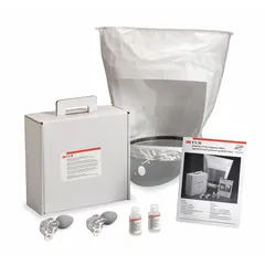 Respirator fit test system for verifying the seal of any particulate respirator using the Bitrex taste-based protocol. Kit includes Collar Assembly (FT-15), Hood (FT-14), two Nebulizers (FT-13), two sets of replacement nebulizer inserts, Fit Test Solution (FT-32), Sensitivity Solution (FT-31), and laminated instruction booklet in English, Spanish, Portuguese, and French.