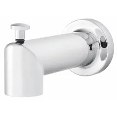 Metal bathtub spout with pull-up diverter for directing water to a showerhead. Features a 1/2-inch slip-fit connection and 5 3/4-inch spout reach. Polished chrome finish. Suitable for residential and commercial tub and shower systems.