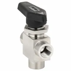 Manual three-way ball valve with 316 stainless steel body and lever handle. Features L flow pattern for diverting or mixing flow in piping systems. End connections are FNPT x FNPT x FNPT. Suitable for use in industrial fluid handling applications.