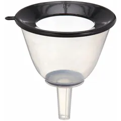 Clear plastic spout funnel with a 25 fl oz fluid capacity and a 3.2 in screen for filtering debris during fluid transfer. Overall diameter is 3 1/4 in. Suitable for transferring oils, coolants, or fuels in automotive and workshop settings.
