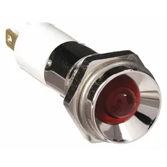 Red LED indicator pilot light with protruding head for panel mounting. Features a 0.11 Male Quick Disconnect electrical connection. Used in industrial control panels and machinery to provide visual status indication.