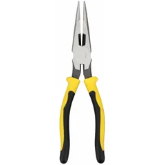 Needle-nose pliers with a 1-1/4 in max jaw opening, 8-5/8 in overall length, 2-3/8 in jaw length, and 1/2 in tip width. Includes a built-in cutter for snipping wires or small cables. Suitable for precision gripping and cutting in confined spaces.