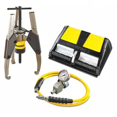 This 14-ton capacity ram puller set includes a Puller Long Jaw Set and is powered by an air pump. Designed for heavy-duty pulling tasks such as removing bearings, gears, and pulleys in industrial maintenance and repair applications.