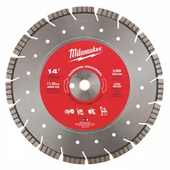 This 14-inch diamond saw blade is designed for cutting asphalt, concrete, and stone using handheld concrete saws. It supports both wet and dry cutting applications, making it suitable for construction, demolition, and roadwork projects. The blade features a 1-inch arbor size.