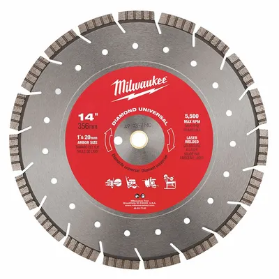 MILWAUKEE 14 in Diamond Saw Blade, 1 in Arbor, Wet/Dry - Concrete & Asphalt-Cutting Blades