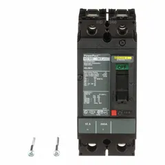 Fixed-mount molded case circuit breaker rated 15 A with 25kA interrupting capacity at 240V AC. Features line/load lug terminations and is part of the HD series. Provides overcurrent protection in industrial electrical distribution systems for branch circuits.