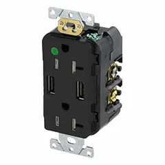 Black duplex receptacle rated 125V AC, 20 A with 5-20R configuration and two USB Type A charging ports. Designed for hospital-grade applications requiring reliable power and device charging in patient rooms and clinical environments.