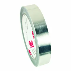 General-purpose foil electrical tape for EMI/RFI shielding, cable wrapping, and grounding. Conductive aluminum foil with 600 V rating. 1/2-inch width, 18-yard length, 3-mil thickness. Silver color.