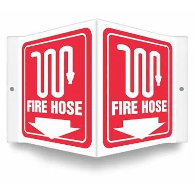 CONDOR Safety Sign: PETG, Mounting Holes Sign Mounting, 6 in x 8 1/2 in Nominal Sign Size - V-Shape Projection Fire Hose Signs