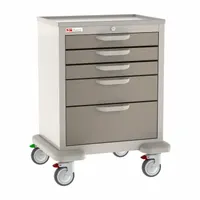 Steel cart with taupe cabinet and dark tan drawers. Configured with (2) swivel and (2) swivel with brake casters for mobility and stability. Used for organized storage and transport of medical supplies in healthcare settings