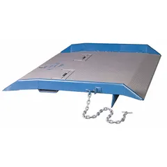 Container ramp with 60 in overall width and 20,000 lb load capacity. Includes forklift loops for positioning. Used for loading and unloading shipping containers.