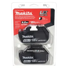 Two 18V DC, 4 Ah LXT battery packs with tabbed terminals. Designed to power Makita 18V cordless tools such as drills, saws, and impact drivers for construction, woodworking, and maintenance tasks.