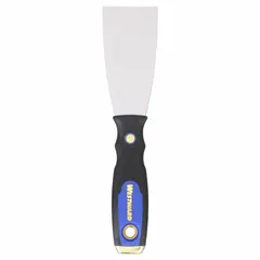 Standard scraper with a stiff carbon steel blade and a plastic/rubber/steel handle. Overall length of 9 inches. Suitable for applying and smoothing putty, filler, or spackle, as well as light prying and scraping tasks.
