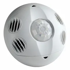 Ceiling-mount occupancy sensor combining passive infrared (PIR) and ultrasonic detection technologies. Operates on 24V DC power and is hardwired. Load capacity depends on the power pack rating. Suitable for automatic lighting control in commercial interiors such as offices, conference rooms, and open spaces.