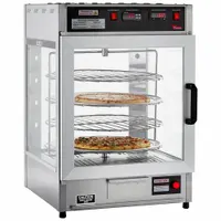 This 7-shelf heated display case in silver is rated at 1,780 W and 4.6 A. It includes a removable slide-out water tray with splash guard for humidity control. Suitable for holding prepared foods such as chicken nuggets, hot dogs, or up to four 14-inch pizzas in concession and foodservice settings