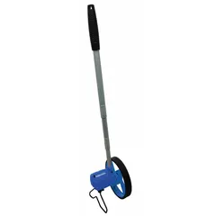 This mechanical measuring wheel has a 9,999 ft range and measures in SAE units. It features a fixed handle, a spoked single wheel with a plastic tread, and an aluminum frame with plastic components. The twist-and-lock mechanism allows for easy operation without batteries. Suitable for outdoor distance measurement in paving and construction site layout.