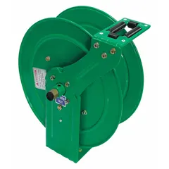 This spring-return hose reel is designed for managing air or water hoses in industrial workshops, garages, and maintenance facilities. It features a brass swivel and a green finish, with a hose capacity of 50 ft (3/8 in I.D.) and a maximum operating pressure of 300 psi. Overall dimensions are 13-13/16 in L x 6-13/16 in W x 15-5/16 in H.