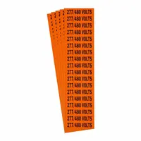 Self-stick vinyl markers for identifying voltage on conduit and electrical equipment. Legend reads '277/480 Volts' in Style C. Each marker measures 2 1/4 in wide by 1/2 in high. Supplied as a 5-pack