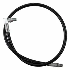 This 45-inch hydraulic hose includes a swivel fitting to reduce stress on connections during movement. It is used in hydraulic systems for snowplow and other fleet vehicle maintenance applications, providing flexible fluid transfer.