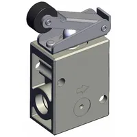 Roller-actuated 3-port manual air control valve from the VM Series. Features 1/4-inch ports and a maximum operating pressure of 1 MPa. Used in pneumatic circuits to direct compressed air flow, commonly in industrial automation and material handling where mechanical roller actuation is required