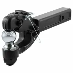 This CURT pintle hook hitch with ball mount combines a pintle hook and ball mount in a single unit for versatile heavy-duty towing. Constructed from steel with a powder-coated finish, it features a 2-inch shank diameter and is rated for 16,000 lb gross vehicle weight and 3,200 lb tongue weight. Suitable for towing trailers, equipment, and machinery in industrial, construction, and agricultural settings.