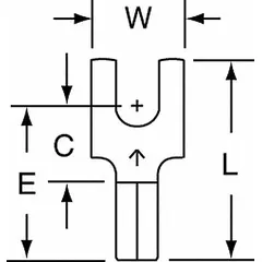 Non-insulated block fork terminal for #6 stud size, accepting 16 AWG to 14 AWG wire. Rated for 600 V. Suitable for electrical connections in control panels, power distribution, and equipment wiring where secure, vibration-resistant terminations are required.