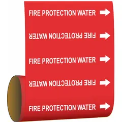 Red adhesive pipe marker with white legend reading 'Fire Protection Water' and directional arrows. Fits pipe outer diameters of 2 inches and smaller. Pack of 30 self-stick vinyl markers for identifying fire protection water piping in industrial and commercial facilities.